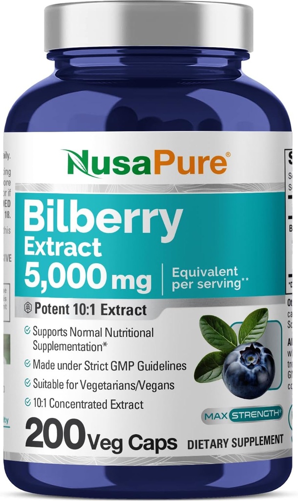 NusaPure Bilberry Extract 5 000mg 200 capsules végétariennes (non OGM, végétalien)