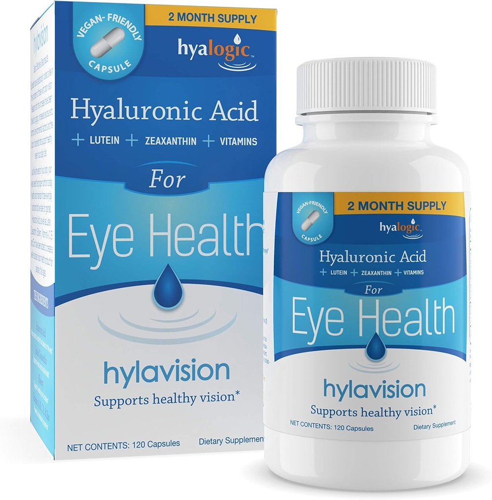 Suppléments HylaVision pour la santé des yeux : Acide hyaluronique, Lutéine et Zeaxanthin Suppléments diététiques pour le soutien de la vision (120 gélules) – Formule végane par Hyalogic