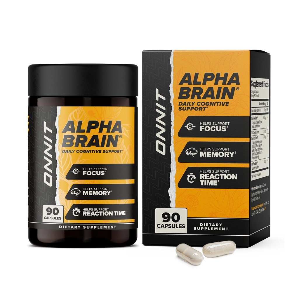 ONNIT Alpha Cerveau Nootropic Cerveau Supplément pour Focus, Mémoire, Clarté mentale, Soutien cognitif avec L-Theanine et Vitamine B6, 90 Compte