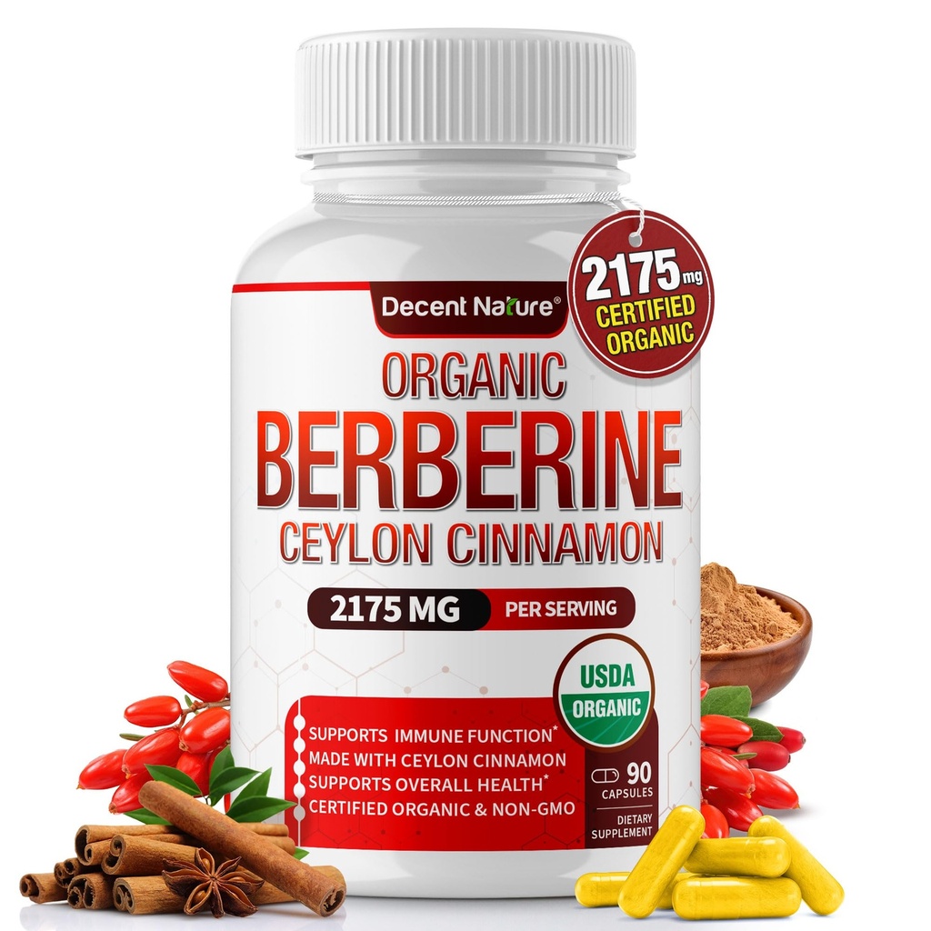 Berberine biologique avec Ceylan Cinnamon 2175mg - Supplément de berberine Premium extrait de haute pureté USDA Organique, système immunitaire de soutien, complexe Berberine Plus, non-OGM végétalien pour hommes femmes 90 Capsules
