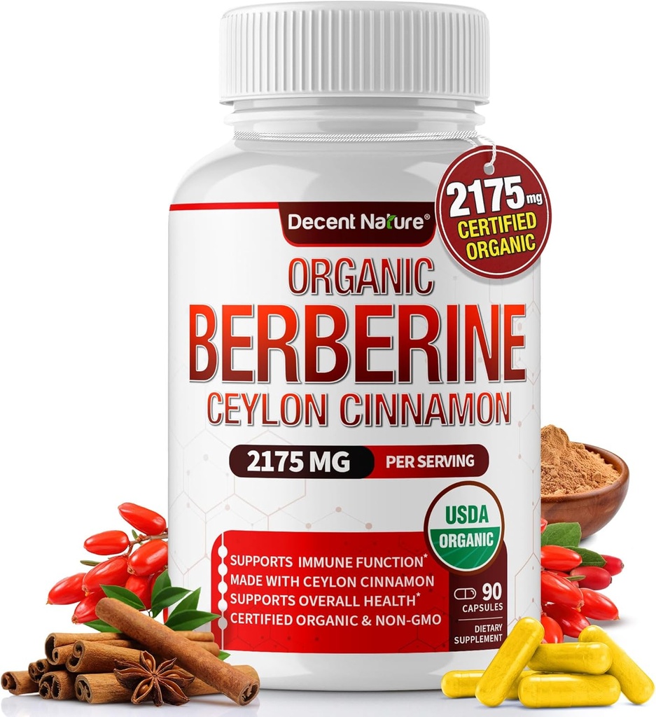 Berberine biologique avec Ceylan Cinnamon 2175mg - Supplément de berberine Premium extrait de haute pureté USDA Organique, système immunitaire de soutien, complexe Berberine Plus, non-OGM végétalien pour hommes femmes 90 Capsules