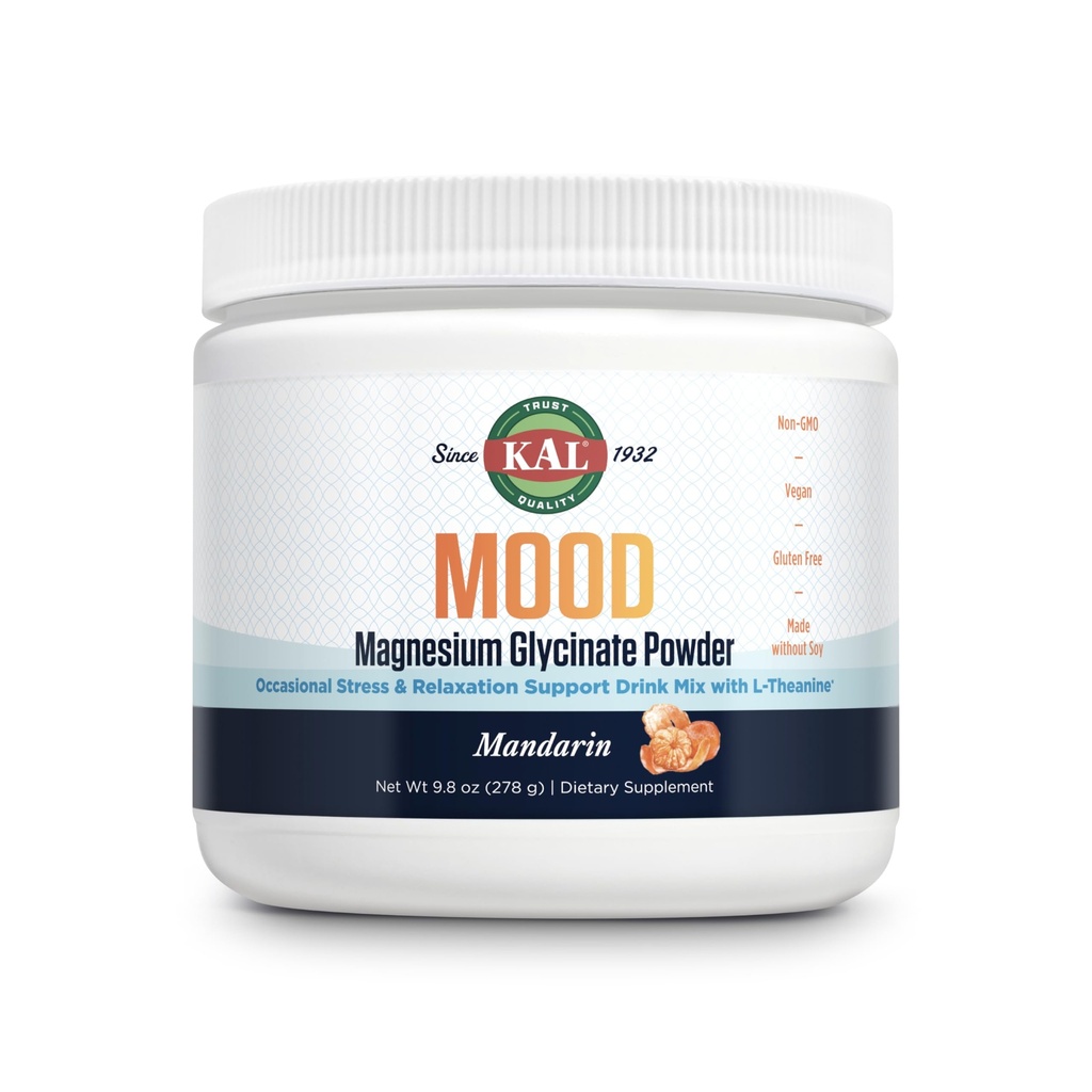 KAL Mood Magnésium poudre avec L-Theanine - Mandarin Flavor Magnésium supplément - Soutien de relaxation, haute absorption, pas de sucre ajouté, végétalien, sans gluten, fait sans soja - 40 portions, 9,8 oz