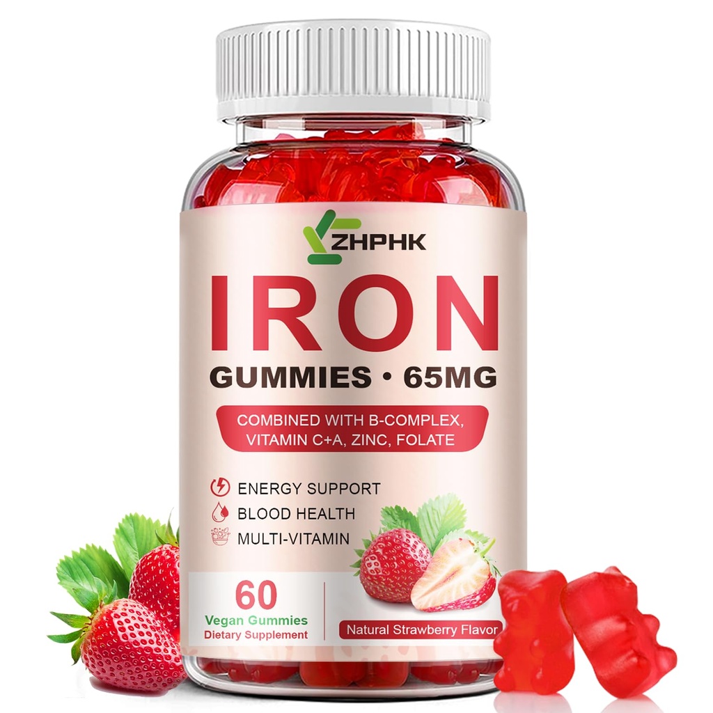 ZHPHK Iron Supplement Gummies, 65mg Iron for Women Men Kids, Natural Vegan Iron Gummy with Folate Gentle on Stomach, Gluten Free, Energy Support & Immune Health, 60 Gummies