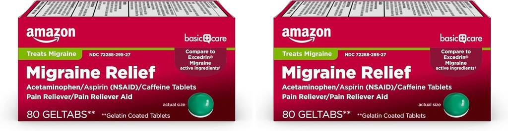 Amazon Basic Care Geltabs de soulagement de la migraine, Acétaminophène, Aspirine (NSAID) et Caféine, 80 Compte (paquet de 2)