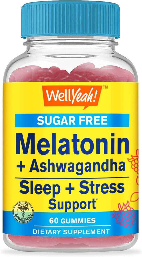 WellYeah Melatonin (2mg) with Ashwagandha (850mg) Sugar Free Gummies - Sleep & Stress Aid Supplement - with Chamomile, Lemon Balm, Lavender, and Valerian - Natural Sourced Flavor - 60 Count