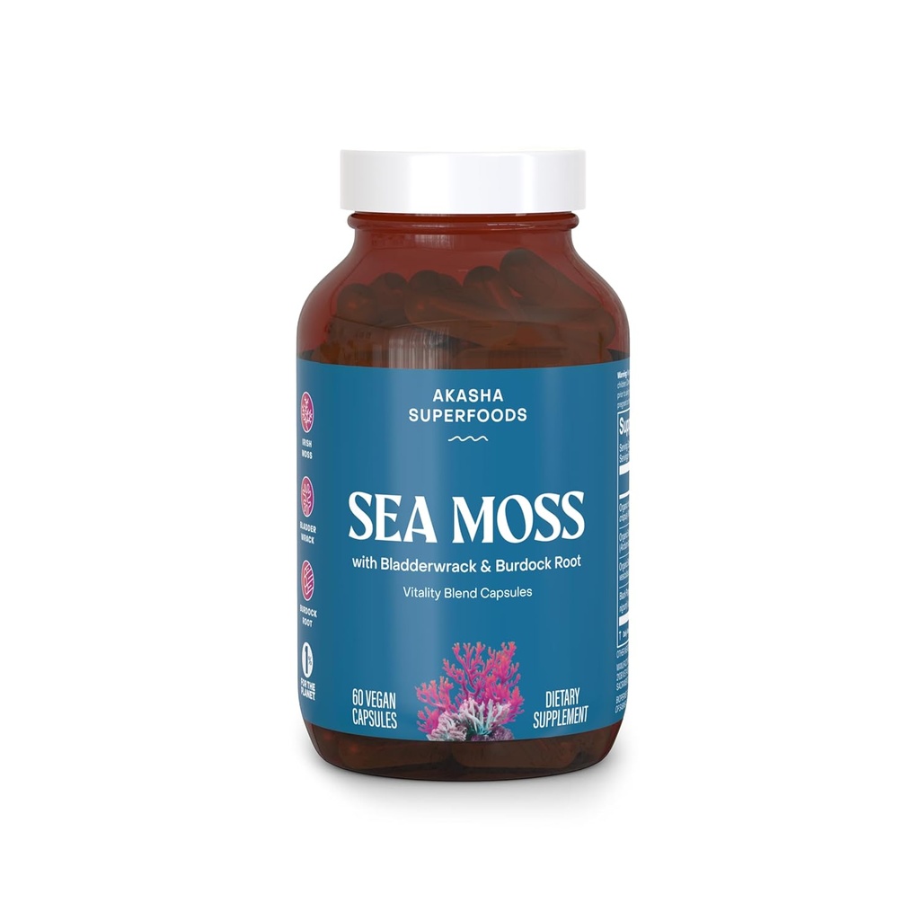 Akasha Superfoods Sea Moss Capsules, Bio Irish Moss avec la racine Bladderwrack, la racine de Burdock et BioPerine, la peau, la thyroïde, le soutien de la digestion et de l'immunité pour les femmes et les hommes, sans gluten, végétalien, 60 comtes