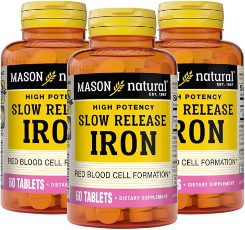 Mason naturel lent, libération de fer (sulfate de fer) 50 mg comprimés, 180 jours d'approvisionnement, supplément de puissance élevée, doux sur l'estomac, 3 pack