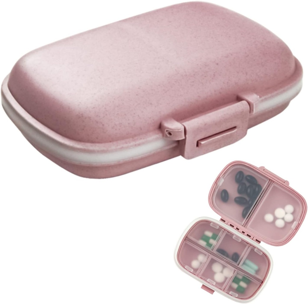 1Emballer l'organisateur de pilules de voyage, 8 compartiments Portable Pill Case, petite boîte à pilules pour la purse de poche Portable médecine contenant de la vitamine rose