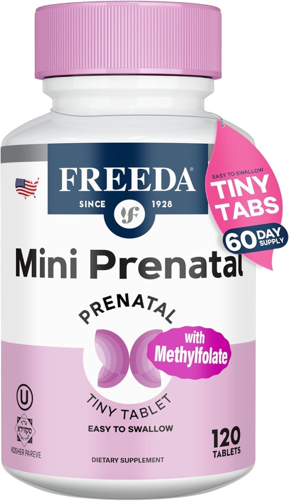 FREAD Mini Vitamine prénatale - Casher Prénatal -Tiny Comprimés faciles à avaler - Vitamines prénatales avec fer, acide folique prénatal/solide, vitamine D - Multivitamine prénatale pour femmes enceintes (120)