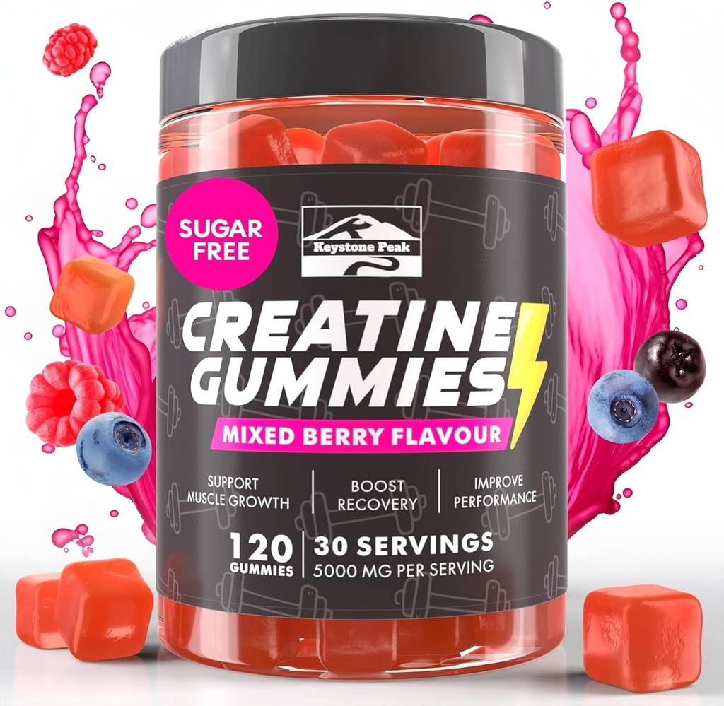 KP Monohydrate de créatine Gummies Mélanges de baies pour hommes et femmes, 100% de créatine Mélanges de baies Gummies, 5g par service + végétalien, sans sucre, mélange de baies + force, énergie, muscles et booty gain - 120 Compte