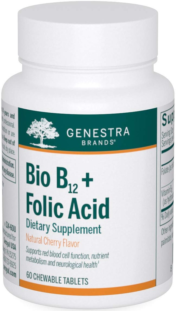 Genestra Brands Bio B12 + Acide folique (en anglais) Supplément vitamine 60 Comprimés à croquer