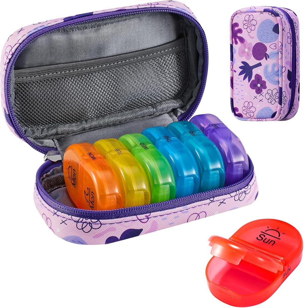 Serfeymi Weekly Travel Pill Organizer 2 Times A Day AM PM Upgraded Rainbow Pill Box 7 Day with Portable Zipper PU Leather Pill Case, Medicine Organizer for Pills, Vitamins, Fish Oils - Purple 02