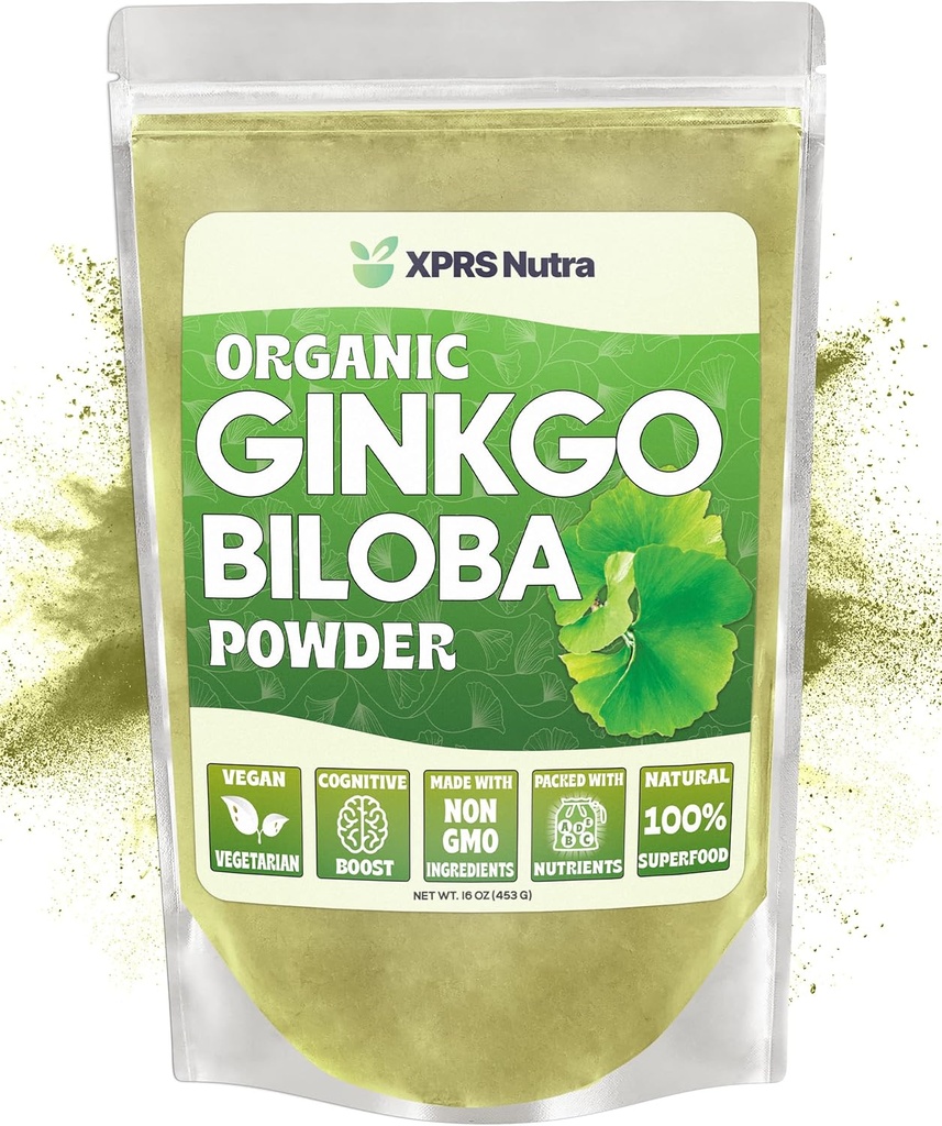 XPRS Nutra Bio Ginkgo Biloba poudre - Suppléments Gingko Biloba pour la cognition - Vegan Friendly Ginkoba Biloba bio - Immunity Boosting Ginkgo Biloba poudre (16 oz)