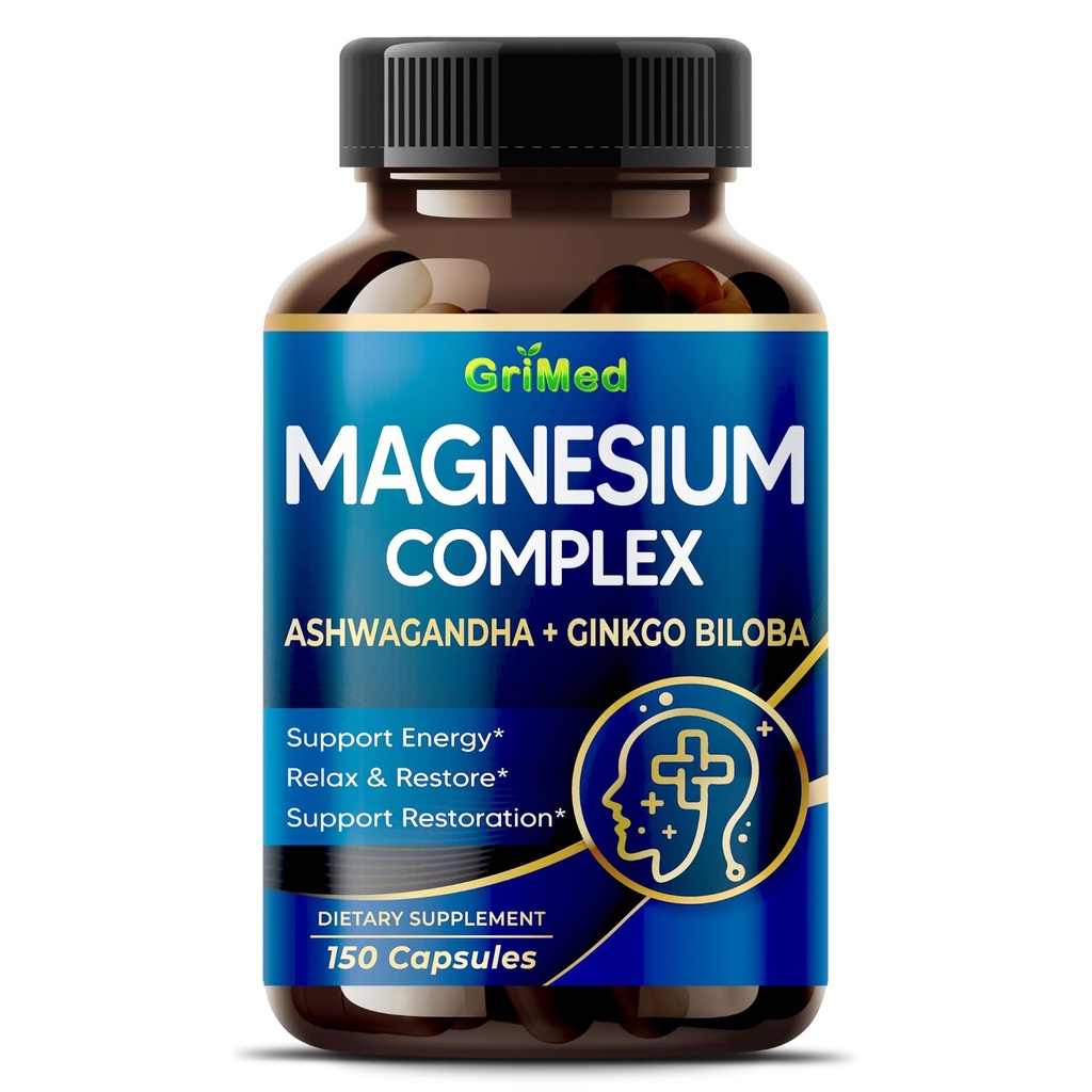 Complexe de magnésium 8 600mg - x8 Puissance avec Ashwagandha + Ginkgo Biloba - Relax & Restore, sommeil reposant - États-Unis Fabriqué et testé (150 Compte (paquet de 1))