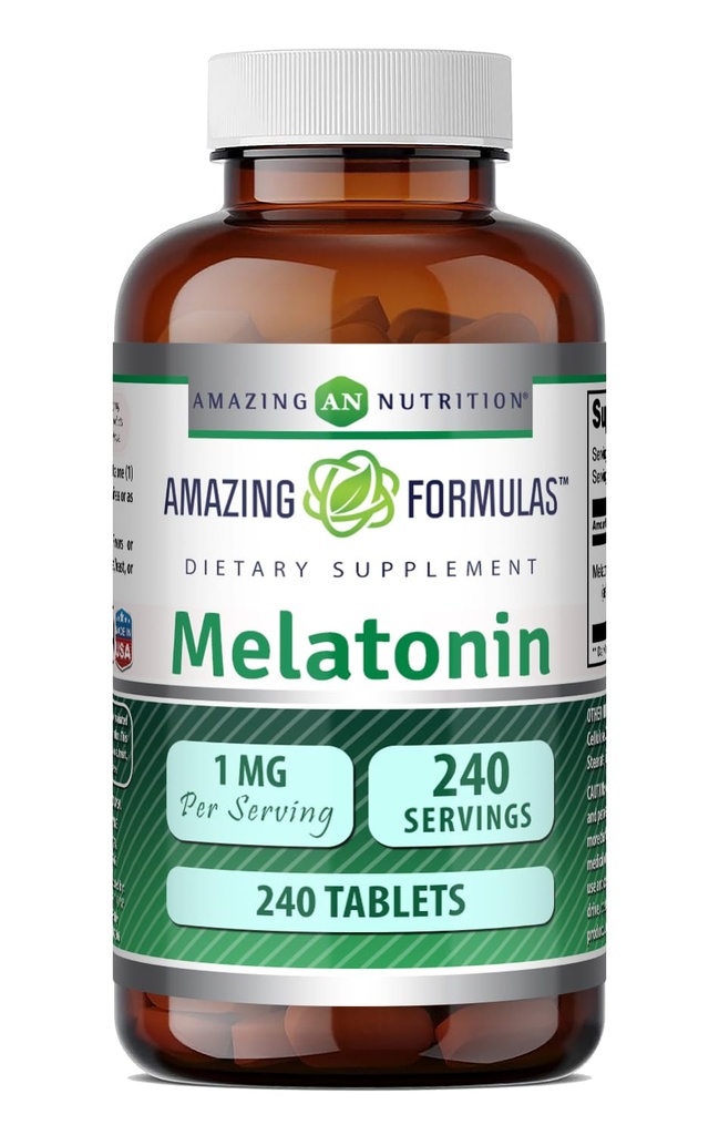 Formules étonnantes Melatonine 1 Mg Comprimés (non OGM, sans gluten) - Meilleur choix de supplément d'aide au sommeil naturel – favorise l'effet calmant et relaxant - 240 comprimés - convient aux végétariens
