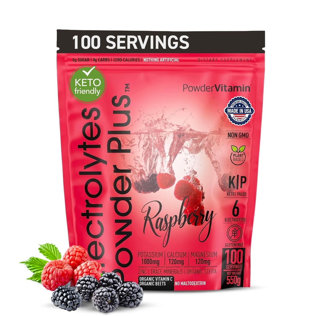 PoudreVitamine Electrolytes Poudre Plus (100 portions) Framboise Electrolyte Poudre, Zéro Calorie, Keto, 0 Sucre, Pas de Maltodextrine,1000mg Potassium,120mg Calcium,120mg Magnésium, Poudre d'hydratation énergétique