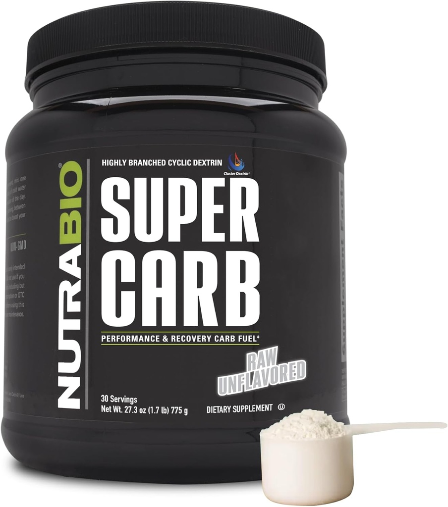 NutraBio Super Carb, Poudre d'hydrate de carbone avec Dextrine à grappes et électrolytes, Poudre de supplément de glucides avancé pour le carburant d'entraînement, la performance et la récupération musculaire, Dextrine cyclique, Non aromatisé, 30 Sv
