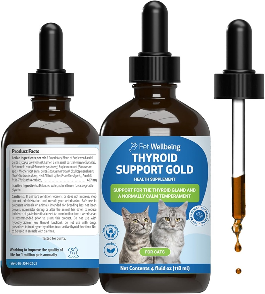 Bien-être animal Thyroïde Soutien Or pour les chats - Soutien Thyroïde saine Fonction Gland chez les chats, Métabolisme normal, Noisette, Baume de citron - Vétérinaire-formulé supplément à base de plantes 4 fl oz (118 ml)