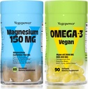 Vegan Omega-3 + Magnésium Gummies.Algae Omega-3 800mg Suppléments DHA pour le cerveau, les yeux de coeur santé- 90 Comte.