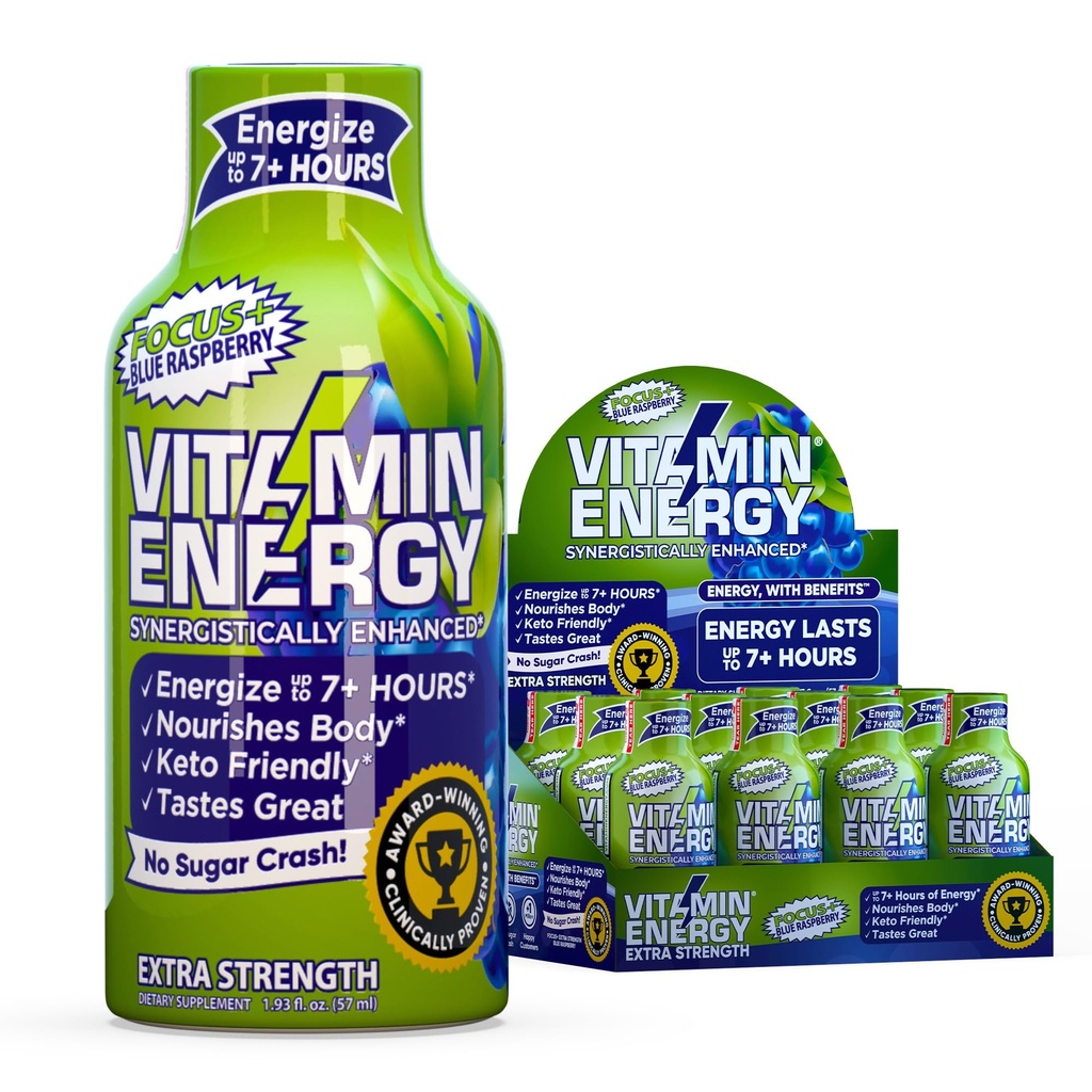 Vitamin Energy Focus+ Extra Strength Energy Shot Blue Raspberry 12 Pack, 260mg Natural Caffeine, B-Vitamins, CoQ10, Amino Acids, Focus, Productivity & Clarity, Zero Sugar, Gluten-Free, 1.93 fl oz