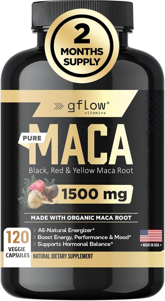 Capsules de racine de maca biologique pour femmes et hommes - Noir, rouge, jaune Extrait de racine de maca péruvienne et poivre noir - 120 pilules Vegan - Supporte l'énergie, la performance et l'humeur Fabriqué aux États-Unis
