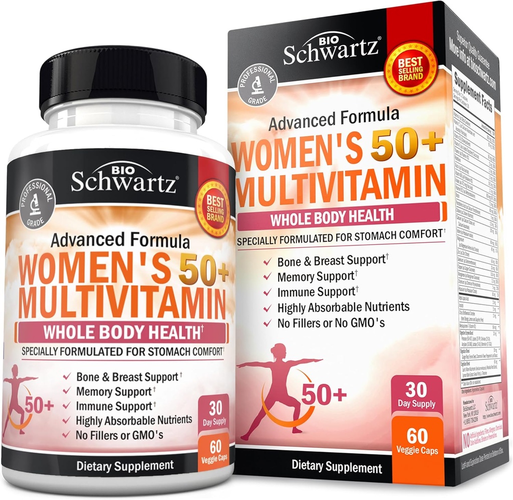 Multivitamine quotidienne pour les femmes de 50 ans et plus – Supplément de soutien à la mémoire – favorise la réduction du stress et une réponse immunitaire saine – Supplément multivitamine pour les femmes conçu pour le confort de l'estomac - 60 capsules