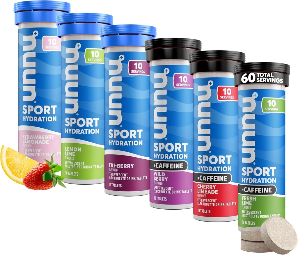 Nuun Sport + Caféine Comprimés d'électrolytes – Dissolvable dans l'eau, lot de variétés