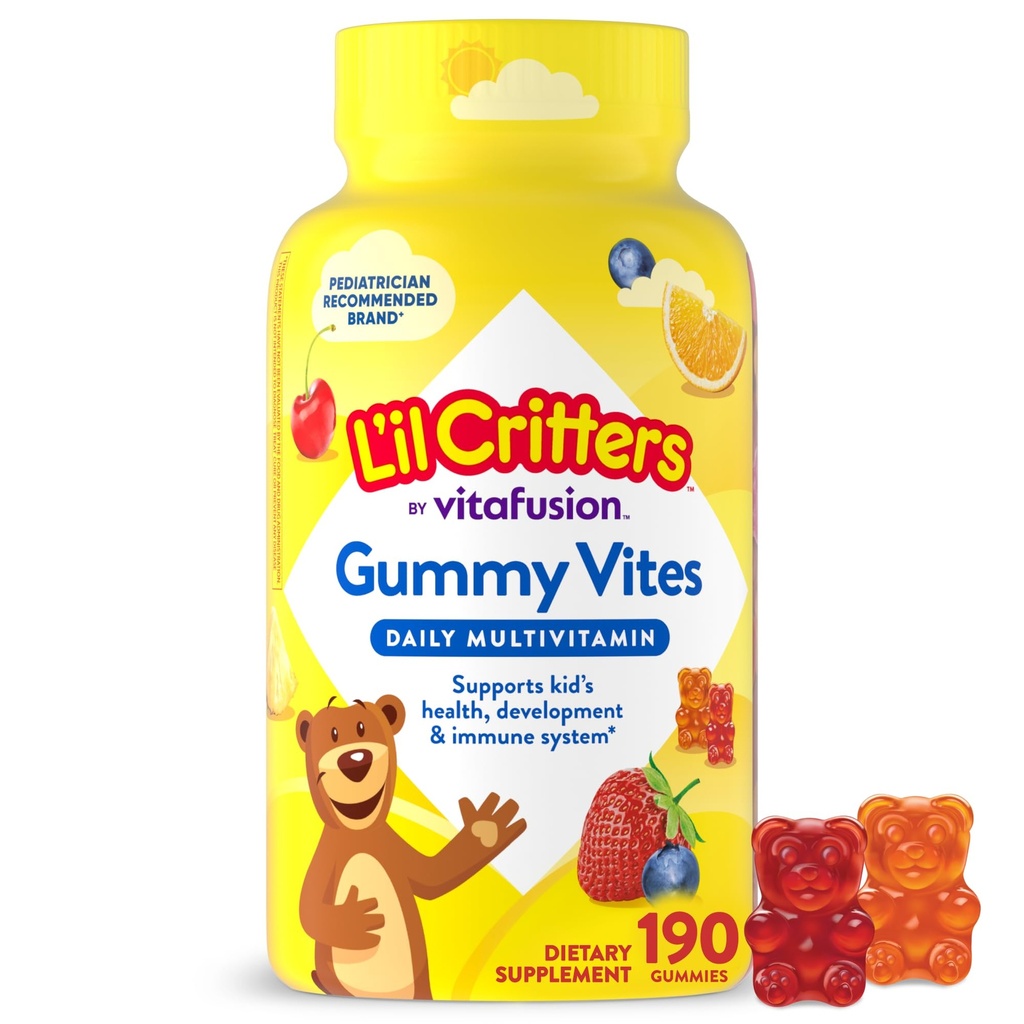 L'il Critters Gummy Vites Daily Kids Multivitamines Assortiments d'arômes de fruits pour les enfants de 2 ans et plus, Vitamine gummy avec vitamine C et D, 95-190 jours d'approvisionnement, 190 Gummies