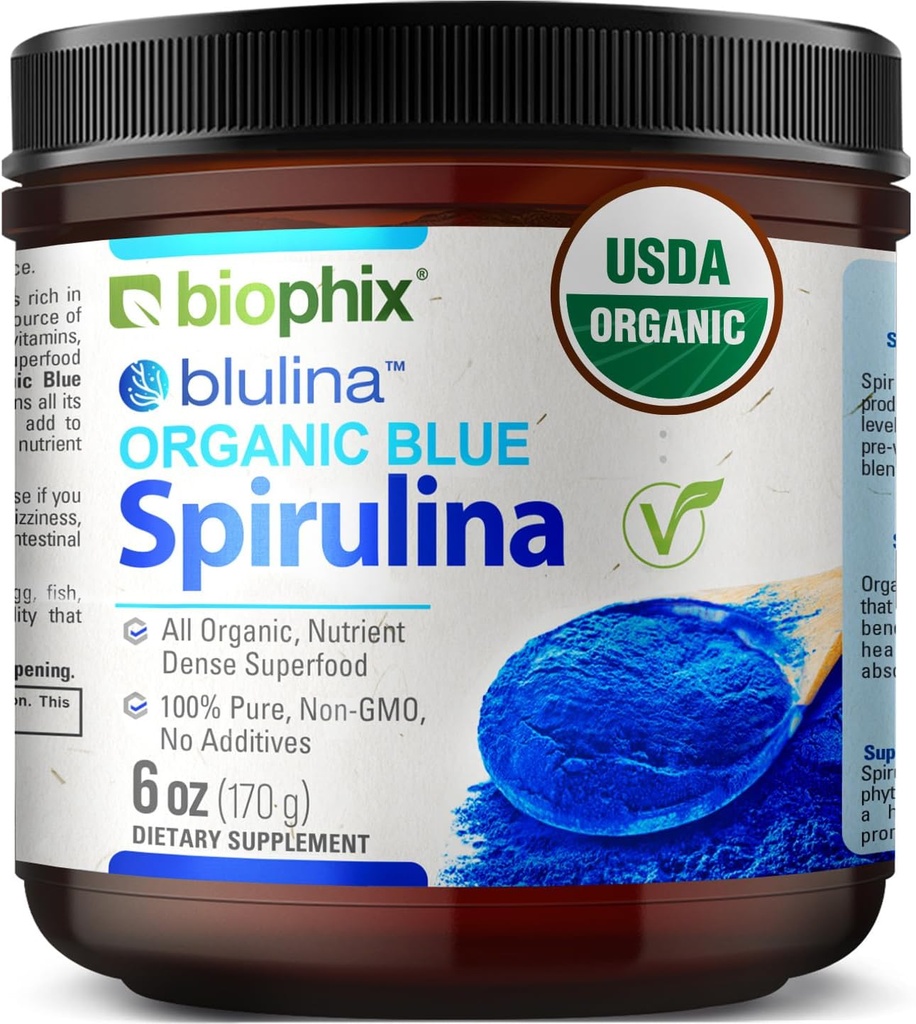biophix Blue Spiruline Poudre Biologique Blulina 6 oz - Algae Bio Spiruline Poudre 170 portions - Supplément Superfood - Pigment Bleu Naturel - Espirulina en Polvo Organica Pura Azul