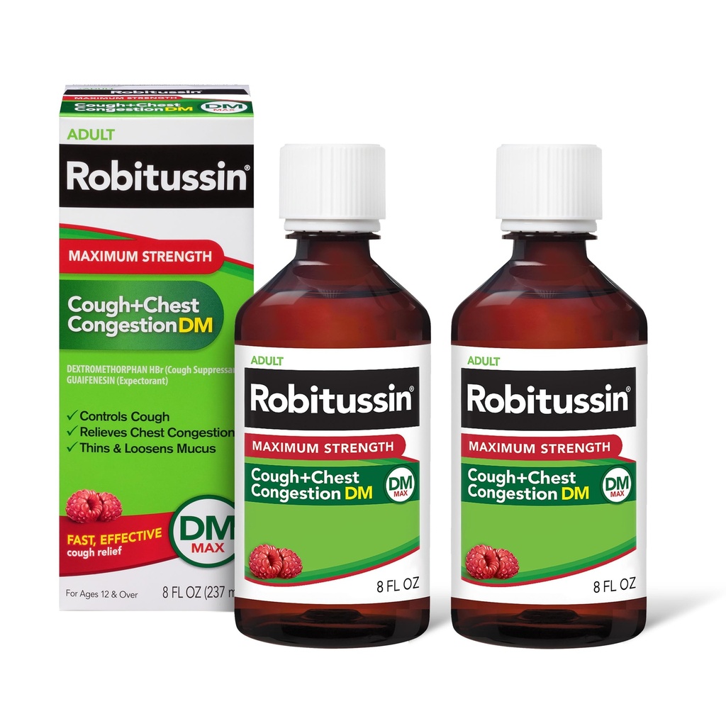 Robitussine Adulte Force maximale Toux Plus Congestion thoracique DM Max, Toux suppresseur et expectorant, Arôme framboise, 8 Fl Oz x 2