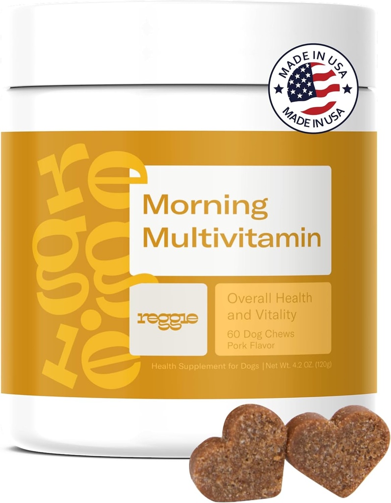 Reggie Matin Multivitamines pour chiens , Chien quotidien Vitamine Chews avec des vitamines et minéraux pour l'immunité, le coeur, la peau, l'armure, les articulations et la digestion , Vet-Approuvé , Supplément de chien naturel , 60 Chews doux
