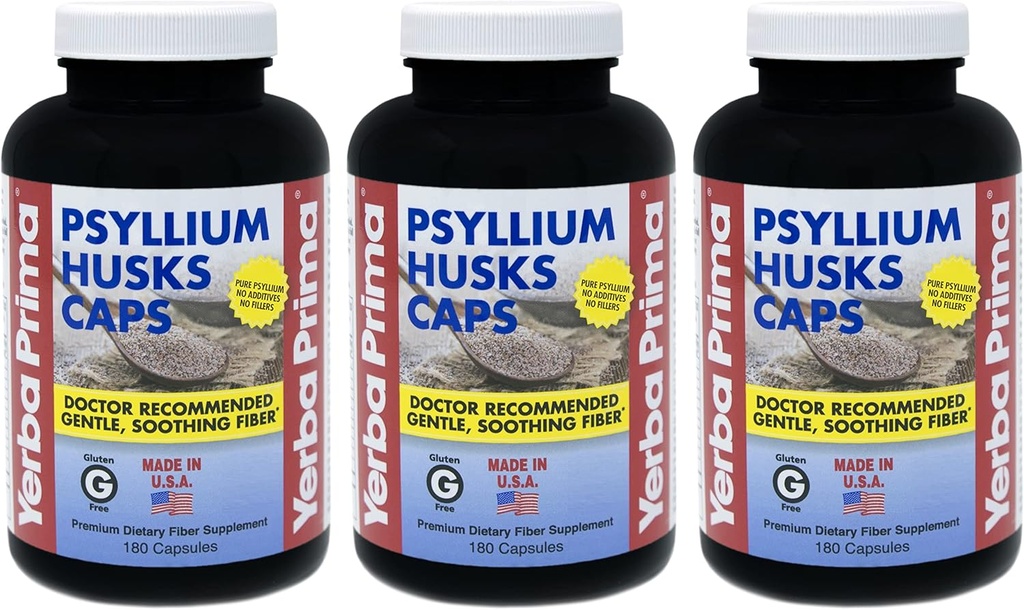 Yerba Prima Psyllium Housses Caps - 180 capsules (paquet de 3) - Supplément en fibre naturelle - Nettoyage des colonies - Non-OGM Sans gluten