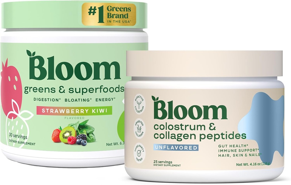 Bloom Nutrition Superfood Greens Poudre, Enzymes digestifs avec probiotiques et prébiotiques, Gut Health, Bloating Relief, Fraise Kiwi + Poudre de colostrum de la viande bovine