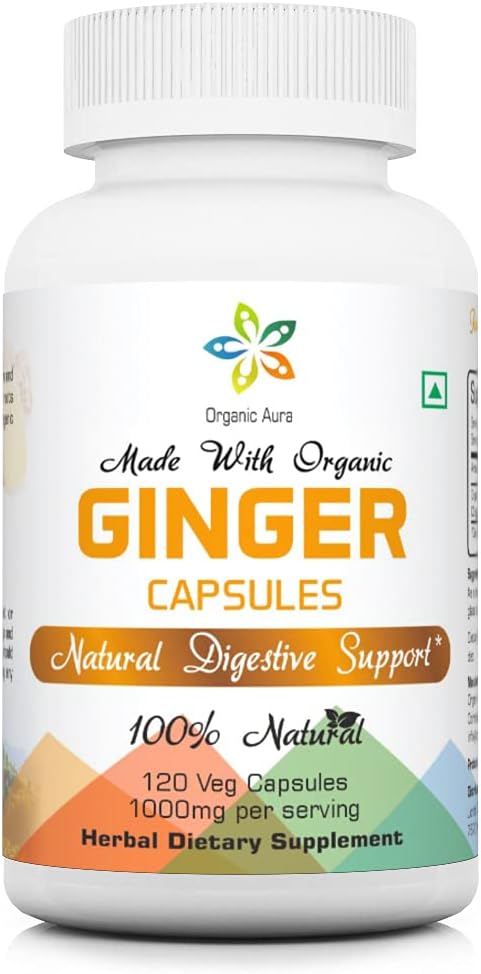 Capsules Aura Ginger Organiques - 120 Capsules de Veg. 2 mois d'approvisionnement. Naturellement stimule la digestion, le soulagement de l'estomac et améliore l'immunité. Aucun OGM et sans gluten.