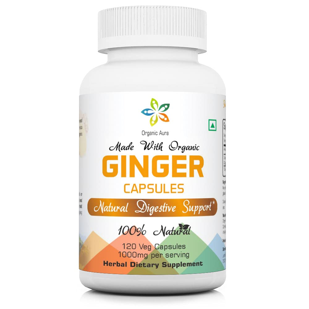 Capsules Aura Ginger Organiques - 120 Capsules de Veg. 2 mois d'approvisionnement. Naturellement stimule la digestion, le soulagement de l'estomac et améliore l'immunité. Aucun OGM et sans gluten.