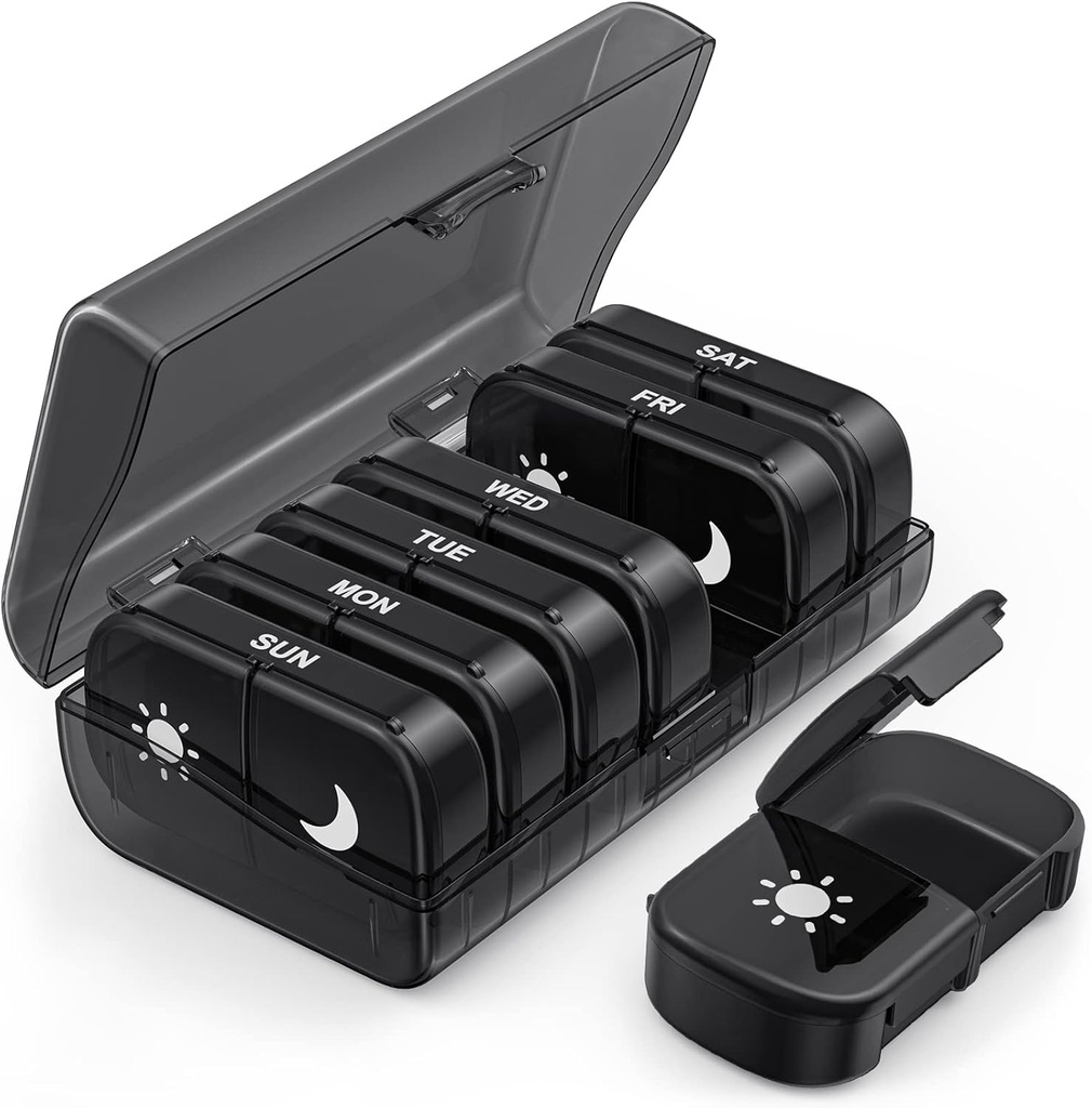 PULIV Extra Large Weekly Pill Organizer 2 fois par jour, boîte à pilules ouverte unique 7 jours pour le remplissage facile, protection de la vie privée noire AM PM Pill Case pour les vitamines, médicaments, suppléments, huiles de poisson noir