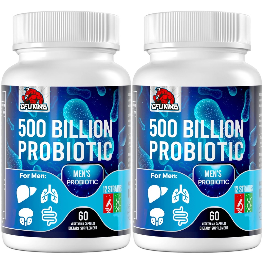 Probiotiques pour les hommes, 500 milliards CFU et 12 hommes Probiotique pour la santé digestive + 4 fibres prébiotiques organiques, pour la santé digestive, Gut, Immune, Bloating, Gaz, Soutien énergétique, Étagère stable - 120 capsules