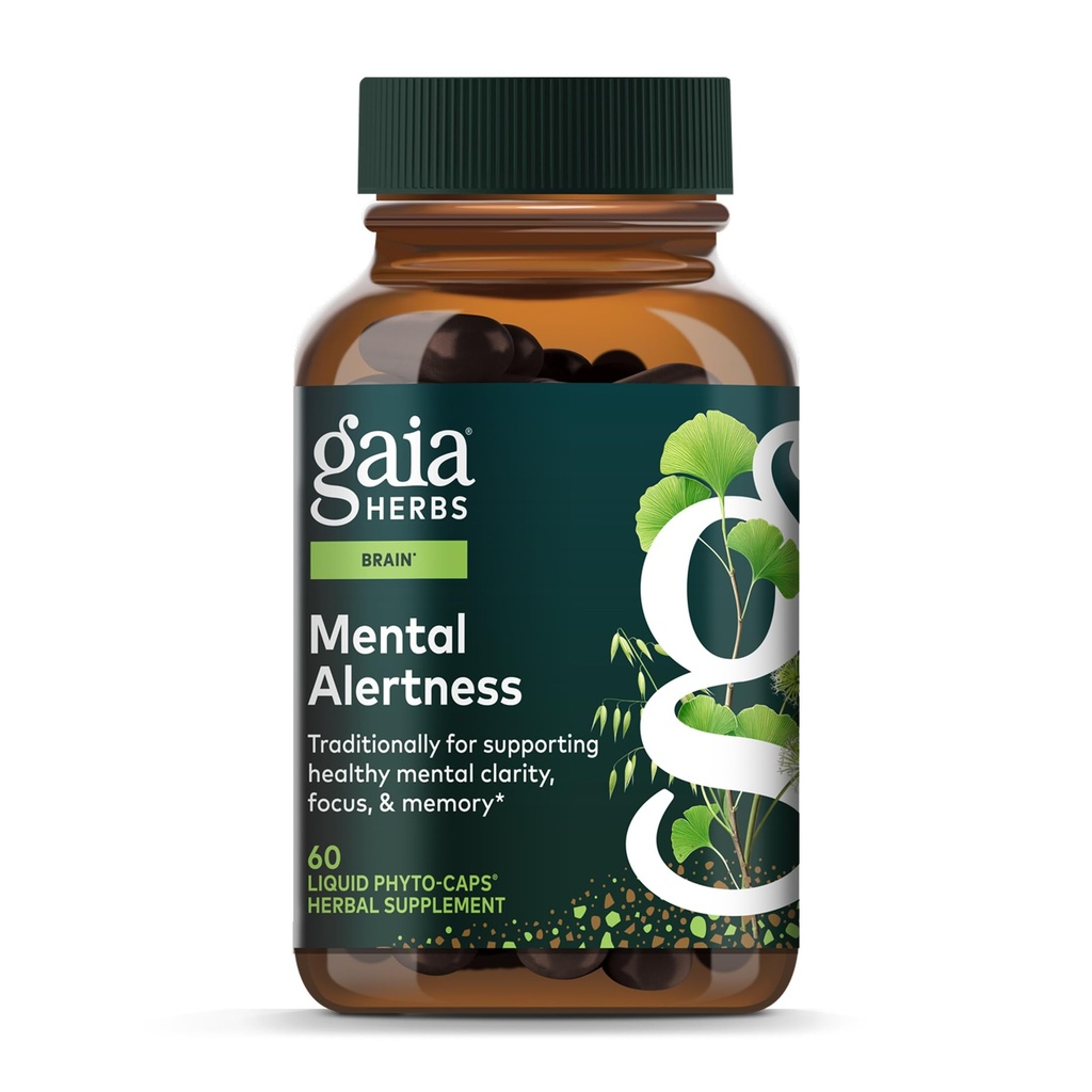 Gaia Herbs Mental Alertness - Supplément de soutien au cerveau pour aider à maintenir la concentration et la mémoire* - avec Eleuthero, Ginkgo Leaf, Gotu Kola, Rosemary et avoine - 60 phytocapsules liquides végétaliens (15 jours d'approvisionnement)