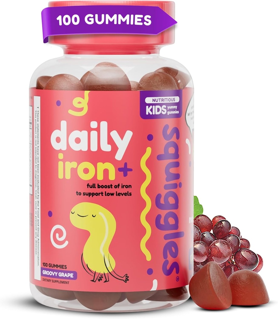 Squiggles Kids Daily Iron+ Gummies - Supplément à croquer avec le fer, Multivitamine pour les enfants, Sucre faible, Végétalien, Gummies pour tout-petit, Flaveur de raisin ignimeux (100 comte)