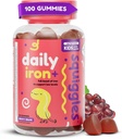 Squiggles Kids Daily Iron+ Gummies - Supplément à croquer avec le fer, Multivitamine pour les enfants, Sucre faible, Végétalien, Gummies pour tout-petit, Flaveur de raisin ignimeux (100 comte)