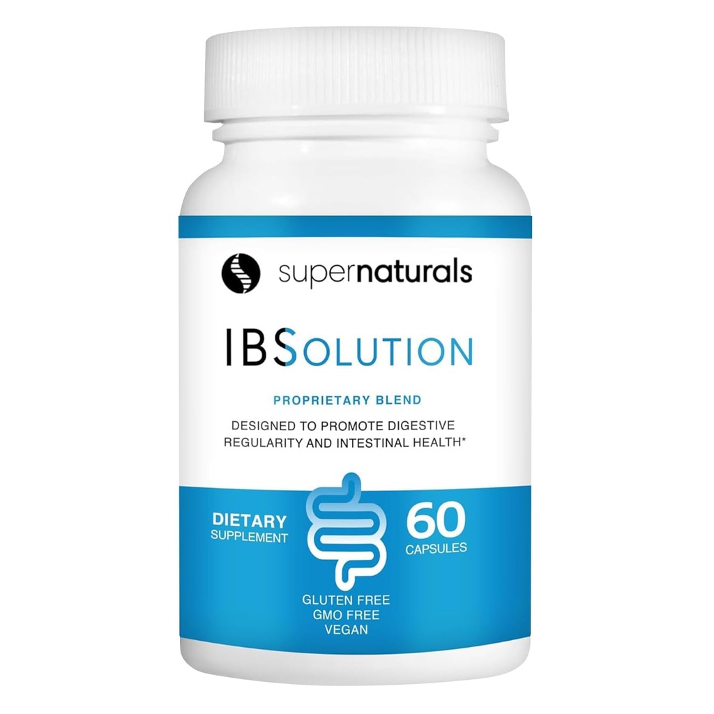 SuperNaturals IBSolution - Fabriqué aux États-Unis, sans OGM, sans gluten et végétalien (60 capsules) - Supplément de santé de Gut digestif avec Psyllium Husk - Gaz, Bloating, Diarrhée, Relief de Constipation, Douleur abdominale