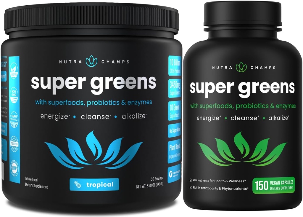 NutraChamps Tropical Super Greens Poudre et Super Greens Capsules