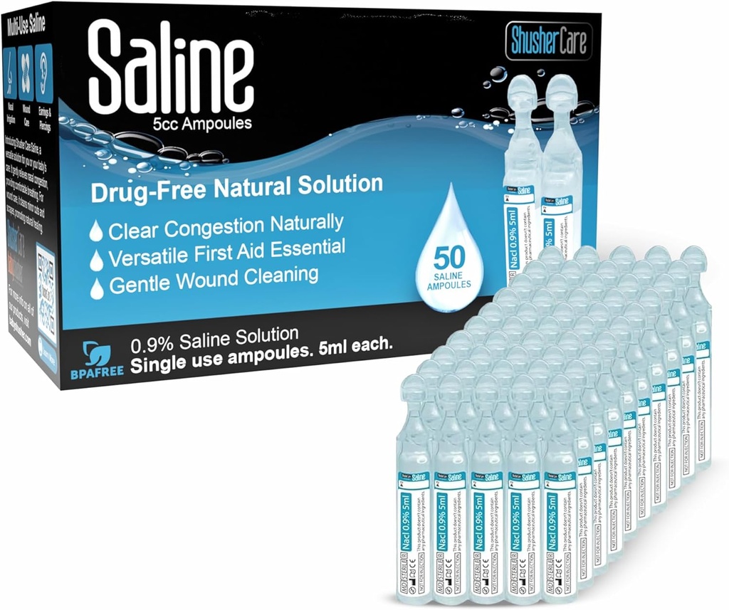 Saline Ampoules - Saline Solution for Nebulizer, Sodium Chloride 0.9%, Nasal Cleanse for Babies, Kids, & Adults, Sterile Nasal Care, Wound Cleansing - 50 Count (5ml Each)
