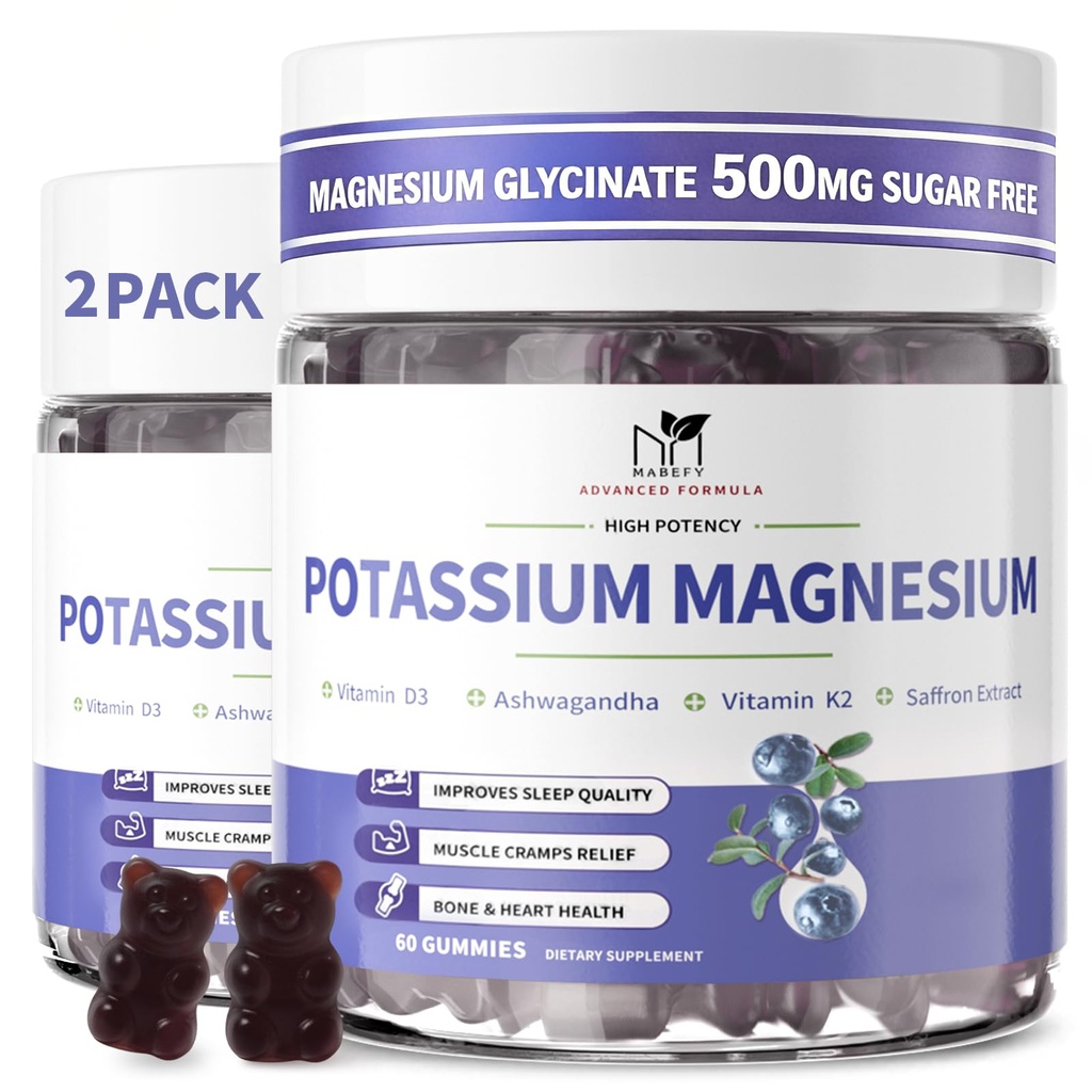 2 Packs Gommies de magnésium de potassium, Gommies de potassium sans sucre avec Glycinat de magnésium 500mg Suppléments de potassium de magnésium à croquer avec calcium, zinc, vitamine pour les crampes et les muscles des jambes