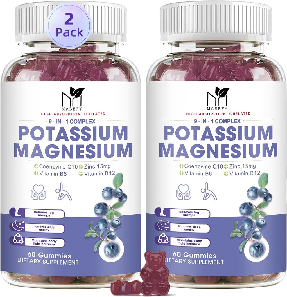 2 Packs Gommies de magnésium de potassium, Gommies de potassium sans sucre avec Glycinat de magnésium 500mg Suppléments de potassium de magnésium à croquer avec calcium, zinc, vitamine pour les crampes et les muscles des jambes