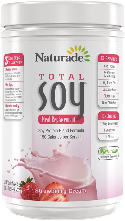 Poudre totale de protéines de soja de Naturade - 13g de protéines et 150 calories par portions- Soy non OGM - 0g de gras trans - Sans lactose et sans gluten - Creme de fraise (13 portions)