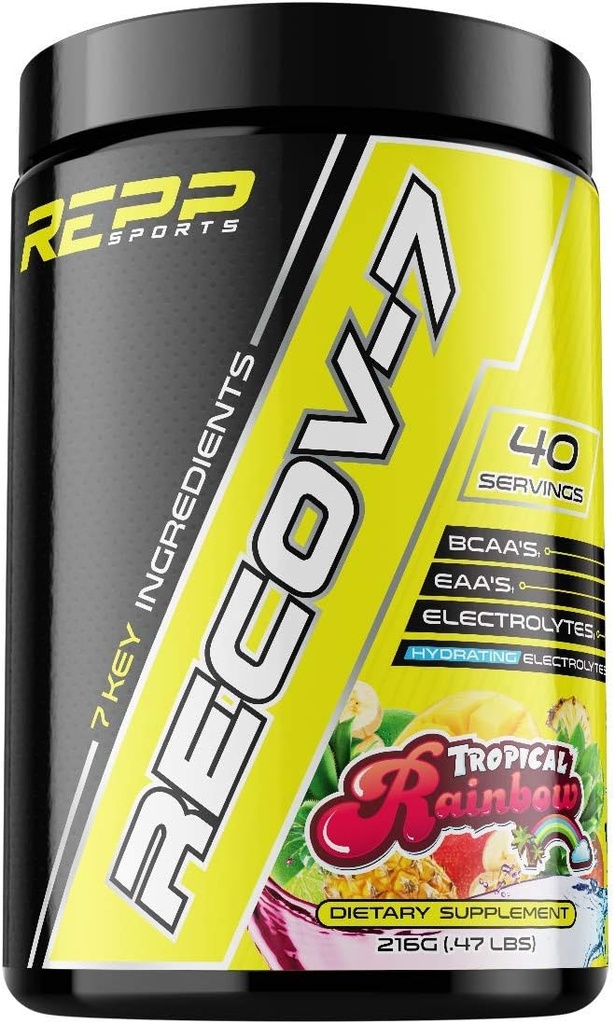 REPP Sports Recov-7 Plein spectre AAE et BCAAs Récupération avancée et Glycogène pour l'entraînement (Tropical Rainbow, 40 services (216g))
