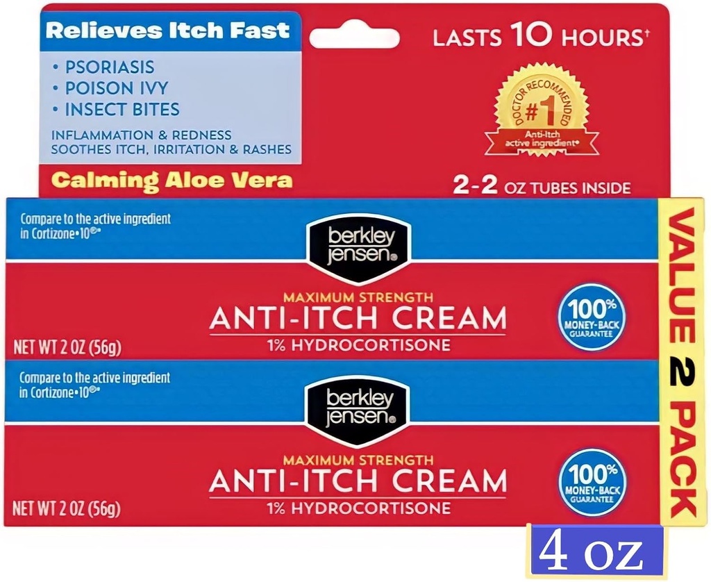 Berkley Jensen Crème anti-démangeaison maximale (4 oz), avec Aloe Vera calmante, 1% Hydrocortisone Démangeaison Relief pour Eczema, Psoriasis, Bug Bites, Poison Ivy, Chêne et Sumac, 2 oz. Tube (paquet de 2)