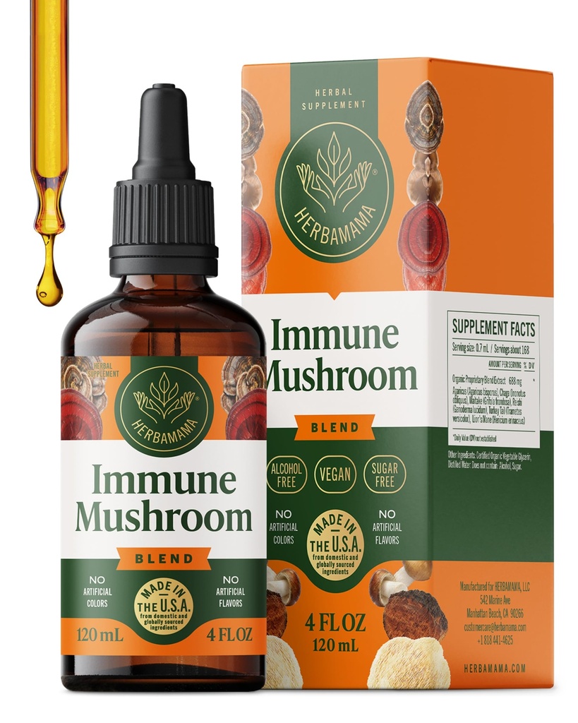 HERBAMAMA Super Immune Champignon Supplément - Vegan 8-Mushroom complexe mélange avec Reishi, Lion's Mane, Cordyceps & Chaga Extrait - Non-OGM, sans alcool, sans sucre gouttes d'immunité, 56 jours d'approvisionnement