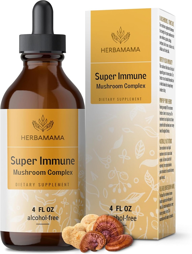 HERBAMAMA Super Immune Champignon Supplément - Vegan 8-Mushroom complexe mélange avec Reishi, Lion's Mane, Cordyceps & Chaga Extrait - Non-OGM, sans alcool, sans sucre gouttes d'immunité, 56 jours d'approvisionnement